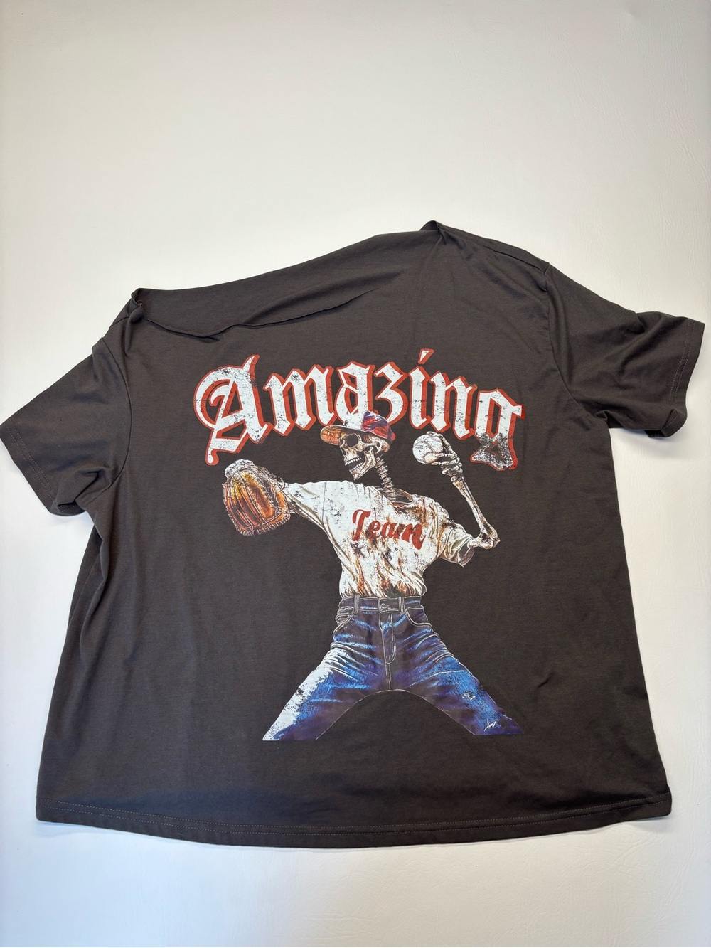 Amazing Team Skeleton Baseball Graphic Crop Top Off Shoulder Distressed XL